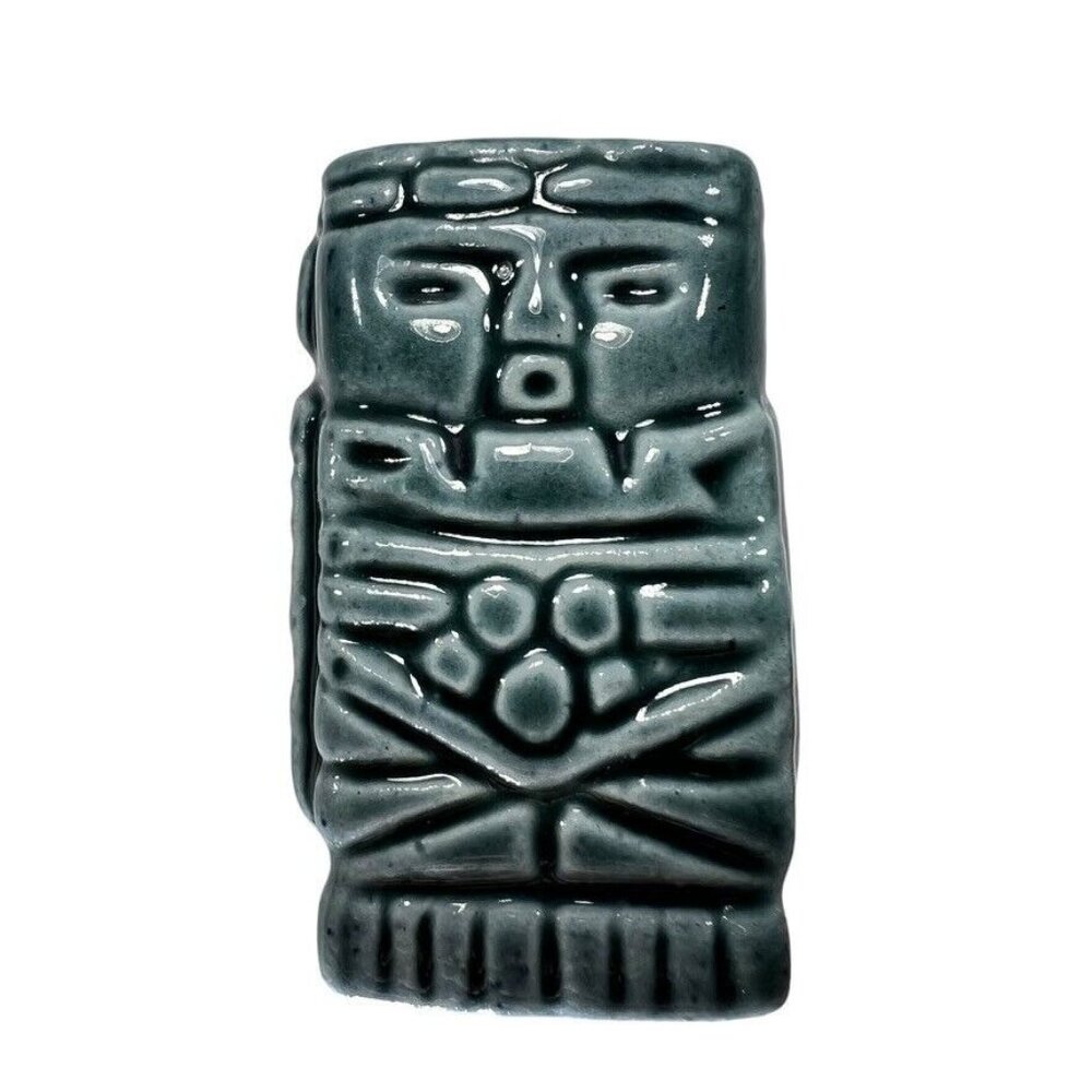 Vtg 1960 Ceramic Tiki Decanter Cork Shot Glasses Aztec Mayan Idol Green Set of 7 - Picture 9 of 16